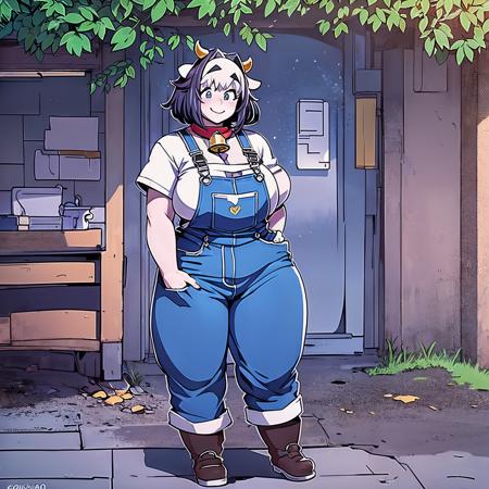 a woman in overalls standing on a sidewalk, a character portrait by Muqi, featured on deviantart, furry art, official art, full body, anime aesthetic