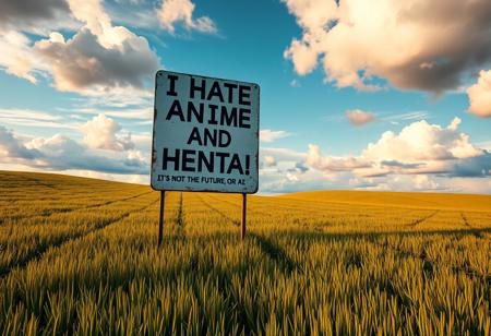 In the middle of an expansive and undulating field, a solitary sign stands defiantly against the backdrop of a vibrant sky. The sign, weathered yet sturdy, bears a bold proclamation: “I HATE ANIME AND HENTAI,” rendered in striking letters that seem to resonate with a passion that transcends mere words. Beneath this audacious statement, the phrase “IT'S NOT THE FUTURE, OR AI” is inscribed, challenging the viewer to ponder the implications of technology and culture. The rich textures of the sign contrast sharply with the lush greenery surrounding it, creating a visual masterpiece that captures the essence of a modern-day debate.
As sunlight bathes the scene in warm hues, the high-resolution details come to life—each blade of grass sways gently in the breeze, and the clouds overhead drift lazily, as if contemplating the sign’s provocative message. This UHD, 8K image invites the onlooker to reflect on the nuances of art and expression, sparking conversations about the nature of creativity in a rapidly evolving world. In this serene landscape, the sign stands as a bold testament to individuality and the diverse opinions that shape our cultural landscape, merging simplicity with depth—a true masterpiece in its own right.
