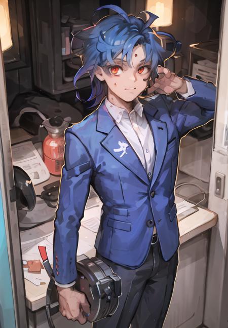 1boy, business suit, standing, arm up, office, messy hair, blue hair, red eyes, cowboy shot,