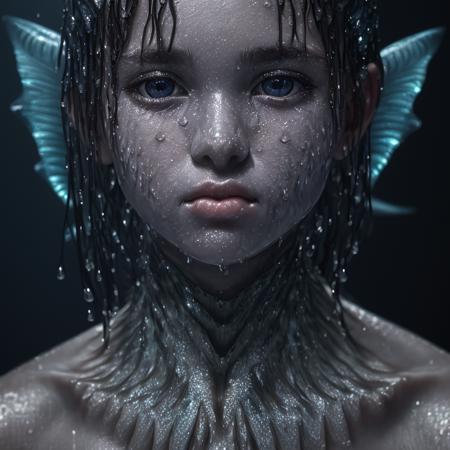 award winning studio photo fish young woman, close up, carbon, (detailed texture:1.3), (detailed skin:1.2),, detailed eyes, sharp focus, hd, hdr, 8k, reflection, (wet body:1.3), (fish scales:1.4), (gills on the neck:1.7)