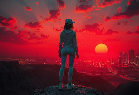 highly detailed cgi artist Style, colorfull, in a desert, warm red early morning, hot, detailed soft glowing clouds. dim red sun, city lights and high buildings in the far background, dark shadows, strong shadows, 
dramatic lighting, dark theme, dark, rimlight, highly detailed,  low angle backshot, woman, standing on a cliff, back to the camera, short red glowing hair, thight white jacket, white cap, tight white leggings, white sneakers, slim body, tight ass, tight legs,