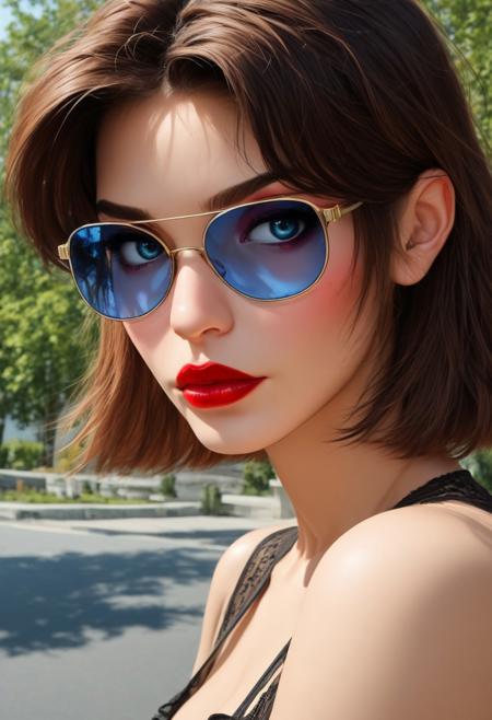 score_9, score_8_up, score_7_up, outdoors, sunny day, Isabella, brunette, makeup, red lipstick, eye shadow, close up on face, blue eyes, looking over the top of her glasses, blue sunglasses, round sunglasses, glasses pushed down nose, smouldering expression