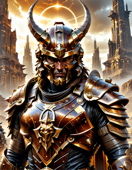 lazympos,high_quality,highres,beautiful,detailed,(masterpiece, best quality:1.2),absurdres,8k,HDR,retro,
A foreboding armored figure with glossy brown carapace-like plates accented with elegant gold trims dominates the composition,its helmet boasts a striking gold-adorned circular crest,with two prominent thick horns,and intricate symbols are etched in a halo-like formation above the crest,all set against a backdrop of dark towering structures,
<lora:EpicF4nta5yXL:0.5>,<lora:SDXLFaeTastic2400:0.3>,<lora:lazympos:1>,<lora:dvr-rst:0.8>,dvr-rst