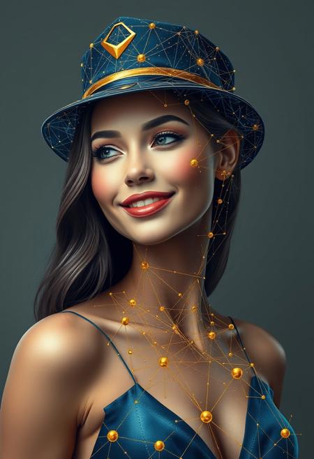 a photorealistic depiction of a beautiful female with perfect physique and charming face. The image is adorned with intricate geometric patterns and golden dots connected by fine lines, forming a network of constellations across the figure's smily face and hat. The lower part of the figure dissolves into abstract shapes, blending seamlessly with the background. The use of gold and blue accentuates key features, adding a futuristic and surreal quality to the image. Art style: digital art, by artist Rafal Olbinski and artist James Jean.