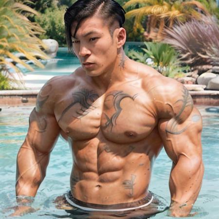 A handsome muscular asian man swimming in a pool, long black hair, looking away from camera, tattooed chest <lora:bigg_v5b_000140:0.6>