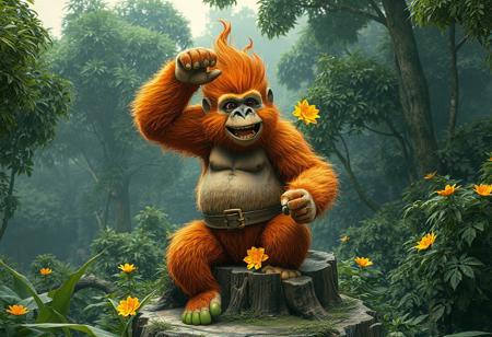 Fiery Gorilla, Brotherhood of the Fist, verdant forest. Orange fur, brown belt, yellow flower, green feet. Tree stump throne, dense foliage. Cinematic, Raphael style, splash ink illustration, dynamic action pose, octane render, Unreal Engine 5. Vivid emotions, joyful impact, golden ratio. Trending on Artstation, CGSociety. Beautiful detailed eyes, 4k, high-res, handcrafted precision, matte painting, grammer effect, isometric view, captivating lighting.