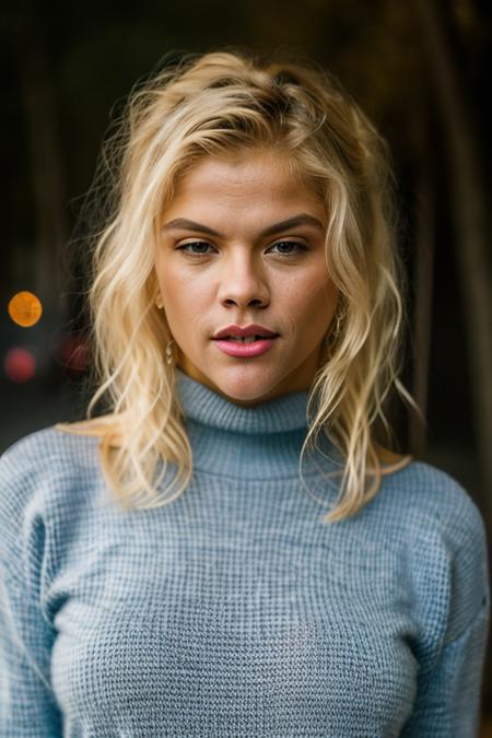 Realistic photo of a beautiful 4nn4n1c0l3-v2 woman, 1girl, solo, long hair, looking at viewer, (((blonde hair))), brown eyes, closed mouth, blurry, sweater, lips, blurry background, turtleneck, portrait, realistic, soft lighting, professional Photography, Photorealistic, detailed, RAW, analog, sharp focus, 8k, HD, DSLR, high quality, Fujifilm XT3, film grain, award winning, masterpiece<lora:4nn4n1c0l3-v2:1.0>
