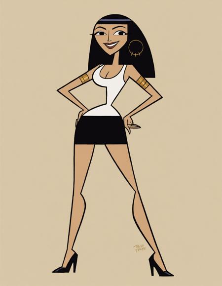 cleo, black hair, lipstick, black eyes, long hair, white tanktop, black skirt, short skirt, heels, jewelry, lipstick