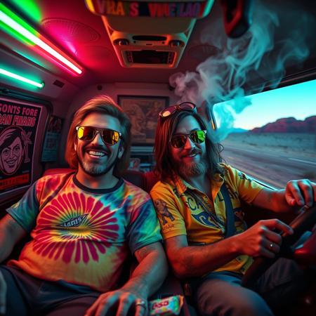 High resolution, masterpiece quality, source_8_up, hyper-realistic lighting, ultra-detailed textures, cinematic depth of field, HDR: Render the scene with realistic lighting, sharp focus, dynamic reflections, and smooth gradients. Emphasize neon glows, ambient occlusion, and photorealistic reflections.
"Two laid-back stoner characters, resembling Cheech and Chong—Jake in a colorful tie-dye shirt and a short, mustached face with a wide grin, and Terry with long hair, wearing reflective sunglasses and a slightly scruffy beard—sit in a vintage, psychedelic van on a sun-scorched highway. The van’s interior is cluttered with 70s rock band posters, glowing lava lamps casting neon pinks, blues, and greens. Soft, ethereal smoke swirls, shifting colors with the light. Outside, the vast desert stretches with warped heat distortion. Floating snacks, glowing chips, and candy wrappers hover, casting psychedelic light. Their expressions are exaggerated: Terry is hyperactive, wide-eyed, with disheveled hair, while Jake is relaxed, leaning back with a goofy grin. Surreal, abstract shapes and glowing orbs float around, representing their trippy conversation. The atmosphere feels dreamlike, constantly shifting with glowing textures, reflections, vibrant neon hues, and dynamic lighting."