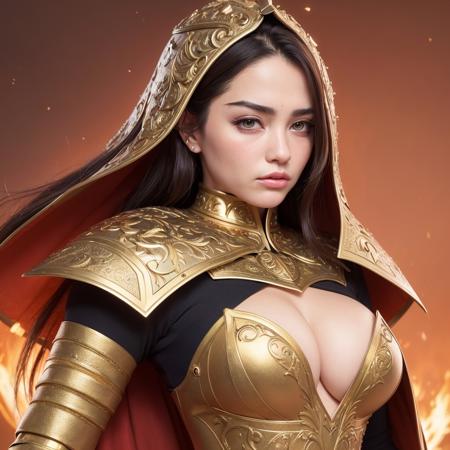 Beautiful woman ((angry)), (((frowned eyebrows))), petite, high detailed face, ((ceremonial armor)), medieval army, [giddy], (ornamental armor with gold trim), ((cleavage)), shouldpads, (crimson cloak), ((burning village background)), full body, red cape, (dark hair), clenched jaw, fantasy, fantasy art, intricate, highly detailed portrait, digital painting, concept art, smooth, sharp focus, illustration