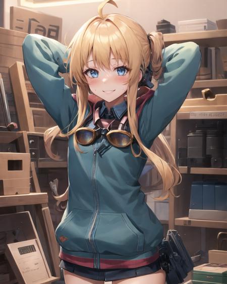 best quality, (masterpiece:1.2), illustration, absurdres,
(1girl, solo), (beautiful detailed girl),
<lora:Tita:0.9>, Tita Russell, blue eyes, blonde hair, long hair, ahoge, small breasts, flat chest, petite,
goggles on neck, green hoodie, blue shirt, miniskirt, black socks, red shoes,
inside workshop, mechanical workshop, inside factory, tools, machinery, robot workshop, working, sweat, engineer, intricate detailed workshop, stained clothes, oil stains,
looking at viewer, smile, blush,
((arms up)), (upper body, portrait),