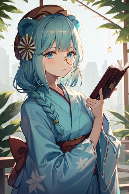 best quality, masterpiece, highres, solo, {yukata:1.40}, {kimono:1.20}, {istina_arknights:1.15}, animal_ears, bear_ears, long_hair, hair_ornament, monocle, bangs, braid, blue_eyes, blue_hair, star_\(symbol\), star_hair_ornament, hat, brown_headwear, book, beret, upper_body, aqua_hair, necktie, single_braid