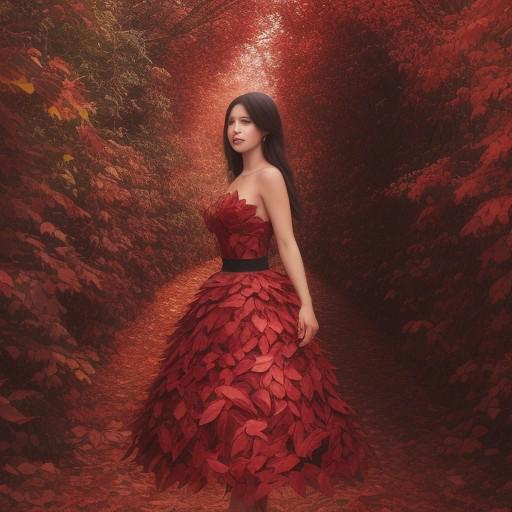 red dress woman, red dress made of medium cardboard leaves falling in cascade,red dress made of gradation from red to black,gorgeous ,ultra hd, realistic, full dress, 8k