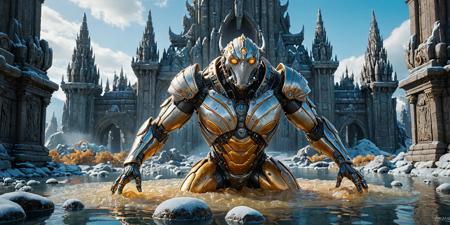 [3D art by Dreamworks and Leticia Gillett:2], cinema art, concept art, (Finch:1.2) , Prambanan, Cyborg, Witty, irreverent, CGI animation, pop culture references, scene, elaborate, Abstract illumination, rich Amber Water, deep rich Frost, epic
