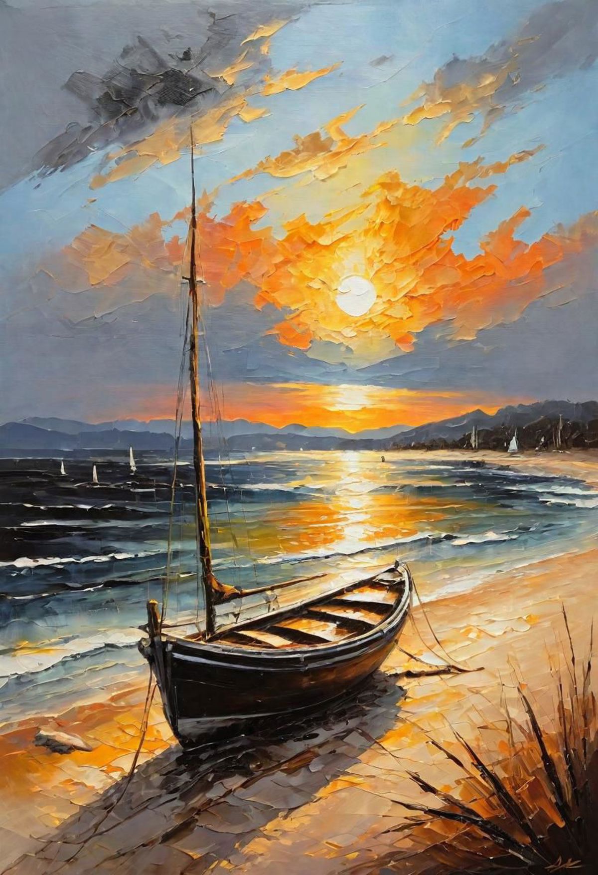A painting of a boat on a beach at sunset.