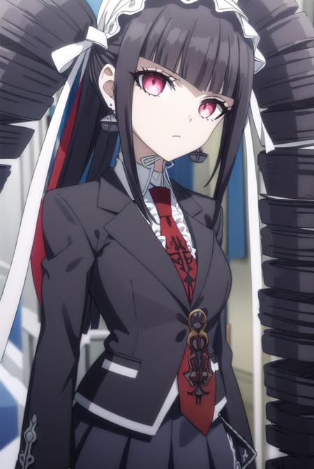 celestialudenberg, <lora:celestia ludenberg s1-lora-nochekaiser:1>,
celestia ludenberg, long hair, bangs, black hair, (red eyes:1.3), long sleeves, twintails, drill hair, twin drills,
BREAK skirt, shirt, black hair, long sleeves, jewelry, jacket, earrings, frills, necktie, black skirt, black jacket, red necktie, bonnet, print necktie,
BREAK outdoors, classroom,
BREAK looking at viewer, (cowboy shot:1.5),
BREAK <lyco:GoodHands-beta2:1>, (masterpiece:1.2), best quality, high resolution, unity 8k wallpaper, (illustration:0.8), (beautiful detailed eyes:1.6), extremely detailed face, perfect lighting, extremely detailed CG, (perfect hands, perfect anatomy),