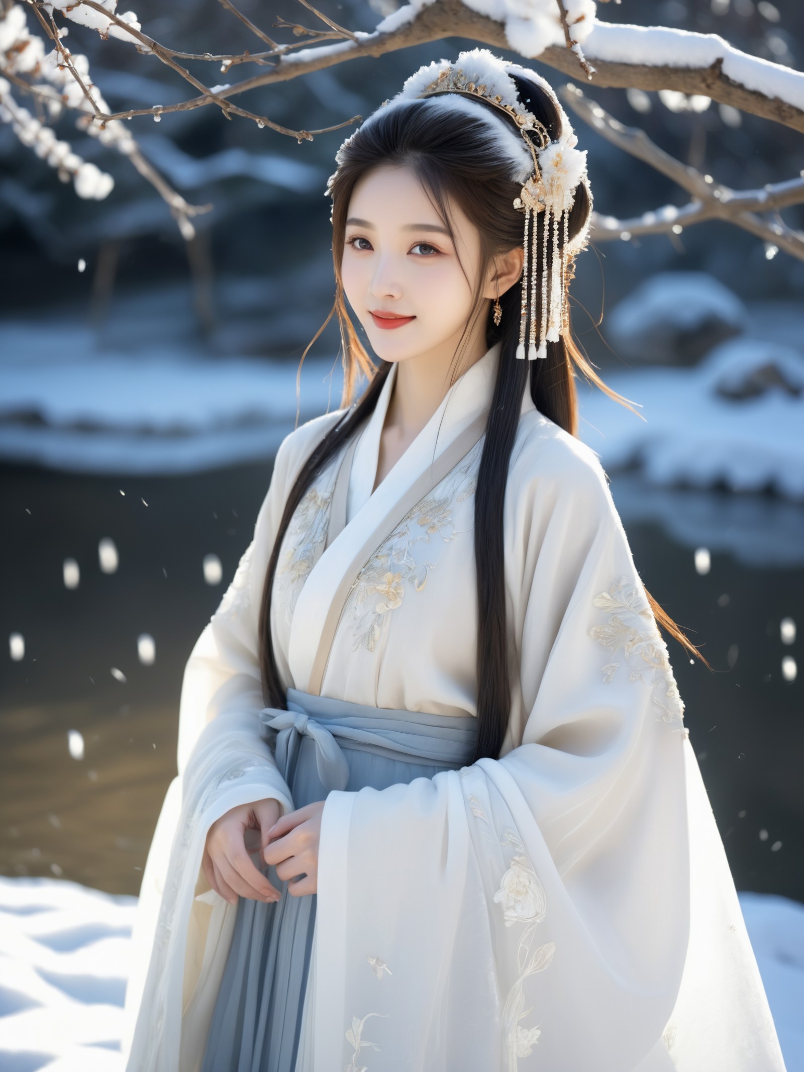 Realistic,Masterpiece,18 - year - old ,in (pure white:1.5) dress, winter,Snow, I saw a girl (stand:1.5) at the back of the...