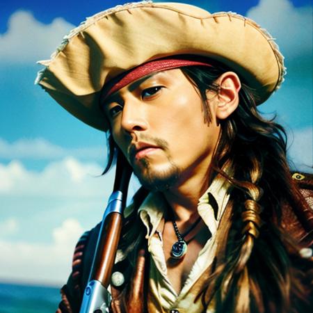 masterpiece, (photorealistic:1.5), best quality, beautiful lighting, real life, jack sparrow, solo, long hair, brown hair, long sleeves, 1boy, hat, weapon, male focus, outdoors, gun, facial hair, ocean, rope, rifle, beard, watercraft , intricate, high detail, sharp focus, dramatic, beautiful girl , (RAW photo, 8k uhd, film grain), caustics, subsurface scattering, <lora:jay-v1:1>