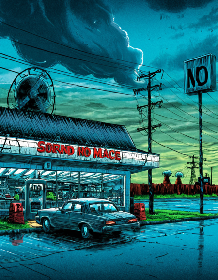 concept art  . digital artwork, illustrative, painterly, matte painting, highly detailed,
t1md0yl3, outdoors scenery, sky, cloud, tree, no humans, cloudy sky, 
a car parked in front of a convenience store,
building, motor vehicle, fence, car, road, vehicle focus, brick wall, lamppost, power lines, street, chain-link fence, utility pole,
nuclear power station stacks,
<lora:tim_doyle-SDXL-v1:1>