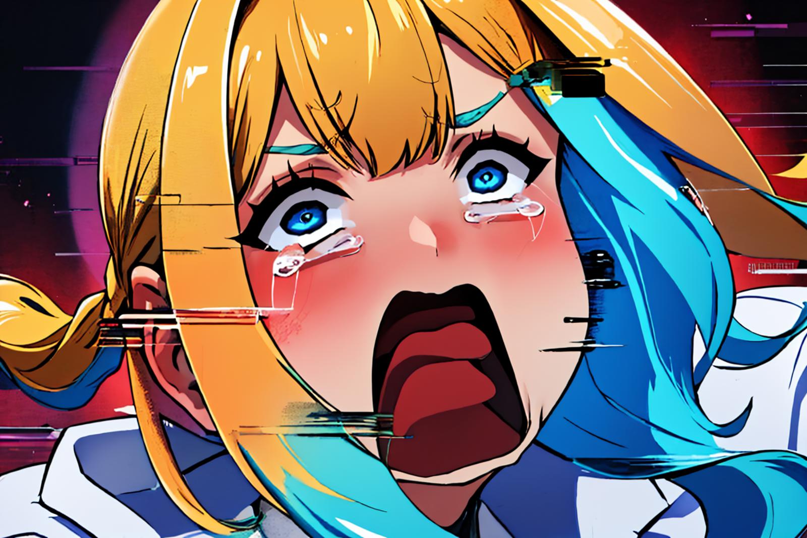 A cartoon depiction of a woman with blue eyes, a yellow head, and a blue streak in her hair, crying with her mouth open.
