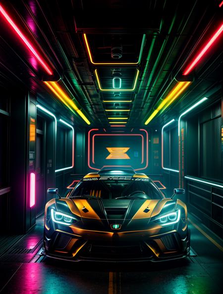 cyberpunk supercar, in cyberpunk city photoshoot, running at high speed, glowing lights, speed sensation, well framed at middle range, neon colored luxury rims, extreme detail, illegal race car, extreme photorealistic, 3D, 8k, Hyper detailed car, perfect soft lighting, great lighting, car photography, fisheye lens, raining, reflection, octane render, high quality, <lora:more_details:.6> <lora:wowifierV3:.6>