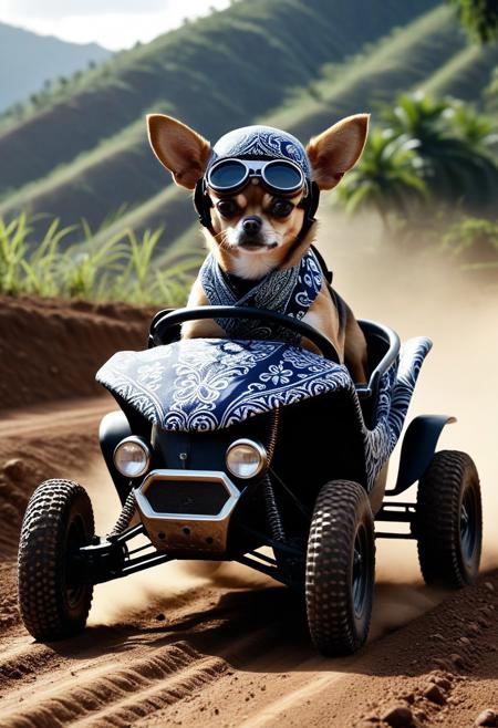 (Made of Indonesian Batik:1.3), from side, closeup cute small 4WD buggy Made of Indonesian Batik, chihuahua driving, (wear round goggles:1.2), wear animal ears helmet, run through on mountain dirt road, Dust, cinematic, cinematic lighting, (masterpiece, best quality:1.4), ultra-high res, 4k, Photorealistic, insanely detailed, sfw,