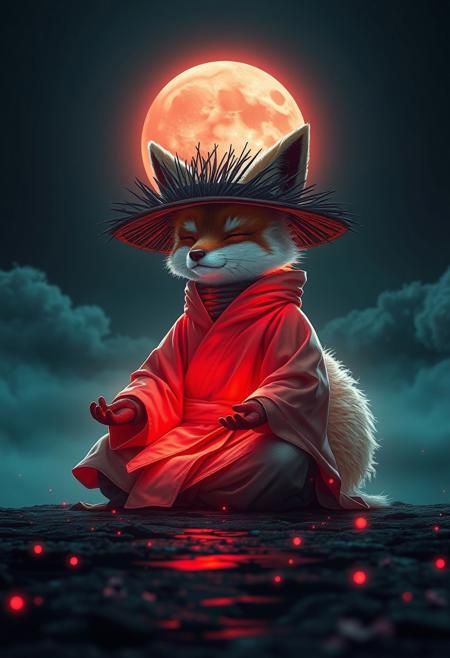 style by Petros Afshar,best quality,high resolution,realistic,8k,dynamic angle,serene,extremely detailed,absurdres particle effect,wonderful night dreamlike glowing masterpiece, celestial,detailed,realistic, clouds, Capturing serenity amidst boundless solitude: a powerful image of a fluffy ninja fox draped in flowing feudal garb, with its eyes closed, large sedge-hat, meditating in lotus position upon an endless, sunless expanse, JAPAN atmosphere, water reflection, insane glowing ,image concept art,phenomenal sakura blooming mesmerise,maximalist petal Bioluminescence majestic foliage detailed celestial,sightseeing,fantasy colorful-forestside ultrarealistic fairy,mossy, skytop realistic garden, huge detailed, red moon, big moon, Cyborg Samurai