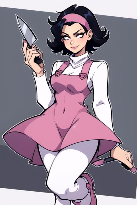 <lora:nene:0.8> 1girl, solo, breasts, smile, short hair, simple background, shirt, black hair, long sleeves, dress, holding, medium breasts, white shirt, weapon, pantyhose, hairband, grey background, covered navel, turtleneck, knife, pink dress, :p, white pantyhose, outline, holding knife, white outline, pink hairband, full body, masterpiece, best quality