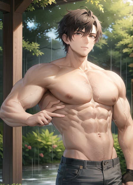 pectorals,male,forest,rain, <lora:Bara-10:0.55>