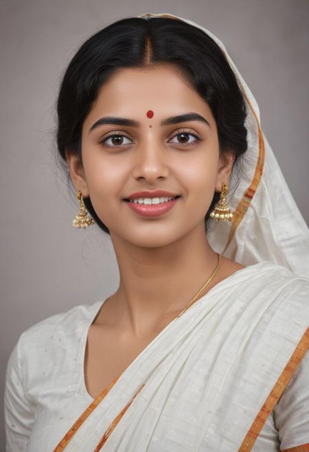 woman beautiful dark haired woman, kerala state white saree, tilak on head, kazal on eyes, lipstick colour will enhance the image,  gentle smile