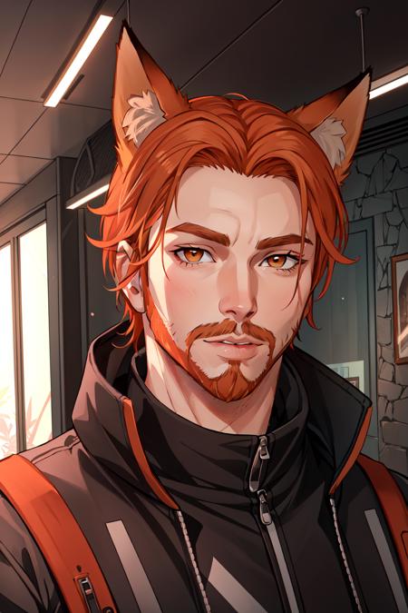 Roiadan Vanzey,  Osenayan , (masterpiece,  best quality),  animal ears,  solo,  facial hair,  1boy,  male focus,  fox ears,  parody,  orange hair,  indoors,  beard,  stubble,  looking at viewer,  lips,  upper body,  brown eyes,  animification,  nose,  jacket,  cosplay,  rule of thirds, <lora:EMS-49410-EMS:0.500000>