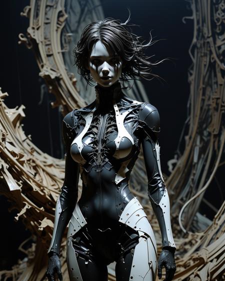 fully clothed young female, liminal space, Synthesis, Phase Harmony, relief, Silk, Fourier, Bekeshi and Surface, by Ashley Wood, mechanical and organic background, contrast of light and dark, surreal atmosphere, Eldritch abomination, amorphous shapes, chaotic forms, unsettling textures, whispers from the void, haunting emanations, shadowy depths, incomprehensible horror, eerie, otherworldly, grotesque amalgamations, blood, (full body:1.5)