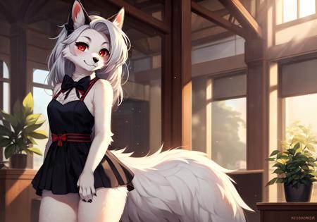 uploaded on e621, ((by Kakure Eria, by Kiyosan, by Dobrota, by Nsfwzhenya, by Moth Sprout)),
solo female (((loona \(helluva boss\)), black fur, white body, white hair, black claws, large fluffy tail, chest tuft, red eyes)),
(sunglasses, black summer dress, white bow ribbon:1.25), (small breasts), ((detailed fluffy fur)),
(half-length portrait, three-quarter view, looking at viewer:1.3),
BREAK,
(walking at department store hall:1.2), (plant, inside),
(detailed background, depth of field, half body shadow, sunlight, ambient light on the body, starry),
(intricate:0.7), (high detail:1.2), (unreal engine:1.3), (soft focus:1.1),
[explicit content, questionable content], (masterpiece, best quality, 4k, 2k, shaded, absurd res)