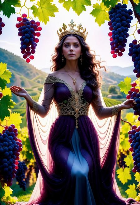 masterpiece, best quality, very aesthetic, absurdres, cinematic, dynamic angle, perfect composition, feminine figure, grapevine crown, flowing robes, ethereal glow, vineyard backdrop, mystical atmosphere, detailed jewelry, intricate design, regal pose, divine aura