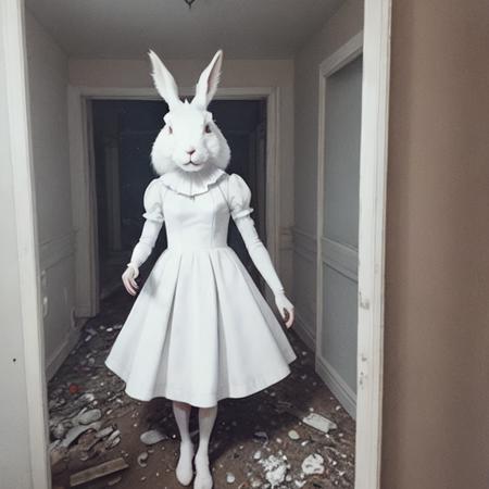 ((realistic)), <lora:UnsettlingImages:0.7>, UnsettlingImages, creepy, (monster:1.1), found footage, (close up of a white rabbit:1.2), disturbing, dress, giant smile, standing in a room, debris, horror scene, dark shadows, volumetric light, void, dust particles in the air, abandoned house