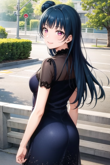 (masterpiece, best quality, ultra-detailed), (illustration), (beautiful detailed eyes), (1girl), (solo), tsushima yoshiko, purple eyes,  single hair bun, blue hair, long hair, <lora:YohaneLL_v1-04:0.6>, cowboy shot, smile, looking at viewer, outdoors, dress, standing, from behind, looking back,