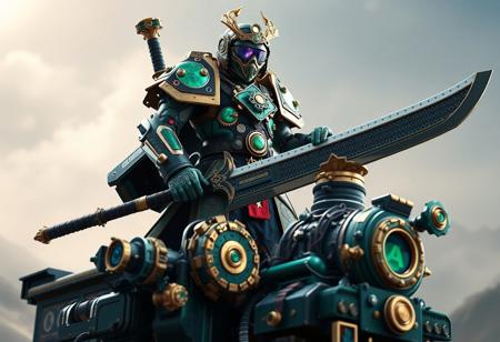 expert Intricate Ancient Gear Engineer steampunk, emerald green & sapphire blue & gold accents, humanoid mech, visor, confident stance, hand on hip, holding large Fusion Sword Murasame Blade, standing tall on a Superheavy Samurai Steam Train King. Hyper detailed, cinematic lighting, sharp focus, isometric, contemporary aesthetics, splash ink style, Raphael/Houdini influence, Octane render, Unreal Engine 5, 4K, high resolution, impeccable composition, CGSociety, trending on ArtstationHQ, Golden Ratio.