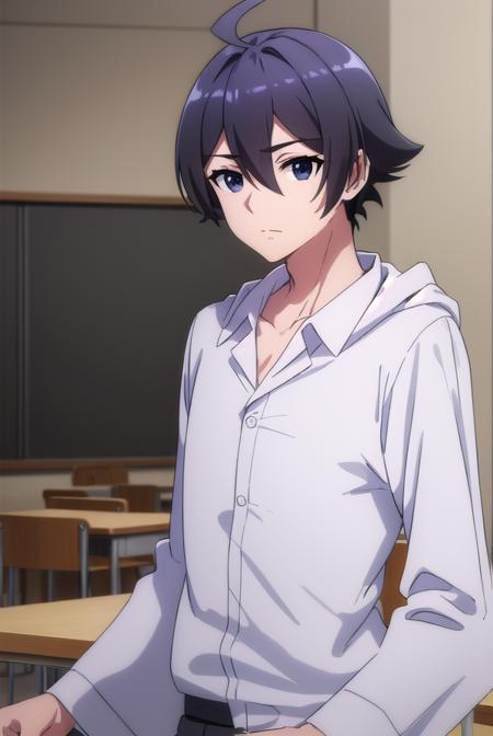 seiichihiiragi, <lora:seiichi hiiragi s2-lora-nochekaiser:1>,
seiichi hiiragi, black hair, hair between eyes, ahoge, male focus, (black eyes:1.5),
BREAK school uniform, hood, robe, shirt, white shirt, collared shirt,
BREAK indoors, classroom,
BREAK looking at viewer, (cowboy shot:1.5),
BREAK <lyco:GoodHands-beta2:1>, (masterpiece:1.2), best quality, high resolution, unity 8k wallpaper, (illustration:0.8), (beautiful detailed eyes:1.6), extremely detailed face, perfect lighting, extremely detailed CG, (perfect hands, perfect anatomy),