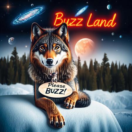 SFW; masterpiece, intricate photo. realistic real wolf in a snowy landscape surrounding holding a small wooden plate with his realistic wolf paws where is written on "Please Buzz!"; Mouse is sitting between the ears and holding a sign with "Help!"; in the background are a forest, in the skies are stars, planets, galaxies, nebulae; in the sky is in neon letter written "Buzz Land". highly detailed, sharp focus, photo realistic, hyper realistic, best quality, high resolution, HDR, colorful, cozy outdoor lighting, 8K