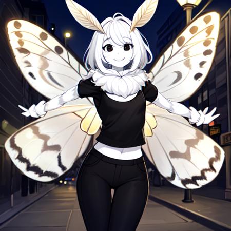 masterpiece, best quality, 1girl, solo, moth girl, white hair, white skin, four arms, multiple arms, black eyes, neck fur, moth antennae, smiling, (white moth wings), multiple wings, casual top, black pants, fur collar, outside, city, day, streetlight  <lora:mothgirl:0.6>