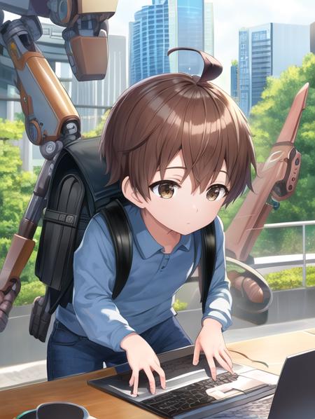 best quality, masterpiece, highres, detailed, perfect anatomy,  <lora:Detail - add_detail:0.2>, ChildEmp, brown hair, brown eyes, blue shirt, male child, backpack,typing, machinery, mechanical arms from backpack,  <lora:ChildEmperor-10:0.8>, ahoge, city park, blue pants, computer,