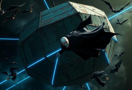 “A massive, decayed geodesic octagon structure floats in the eerie vastness of outer space, its metallic panels corroded with shades of dark green, rust, and streaks of slimy decay. Neon blue lines flicker faintly, casting an ominous glow. The scene is haunted by spectral bats swooping around, trailing smoky shadows as they pass. Ghostly witches in flowing tattered cloaks ride across the scene on their broomsticks, leaving trails of dark mist in zero gravity. Suspended near the octagon’s surface is a pale, sinister figure resembling Dracula himself, with a dramatic black cape flowing outward, proclaiming, ‘Sono il Conte Jaculaaaaaaaaaaaaa!’ His eyes glow blood-red, illuminating a ghostly smile. Other vampiric figures emerge from shadowy depths, each with sharp, elongated fangs, adding to the haunting atmosphere. Around the octagon, fragments of decayed pumpkins and desiccated vines float, enhancing the macabre Halloween setting. In the background, stars cast a faint, ghostly light over the scene while a swirling nebula glows with faint orange and purple hues, giving a haunted galaxy effect. Captured with Panavision optics, the details are intensely realistic in 8K ultra-HD, while the Octane Render highlights every decayed texture, eerie lighting, and supernatural detail, bringing a cinematic, haunted Halloween vibe to life.”