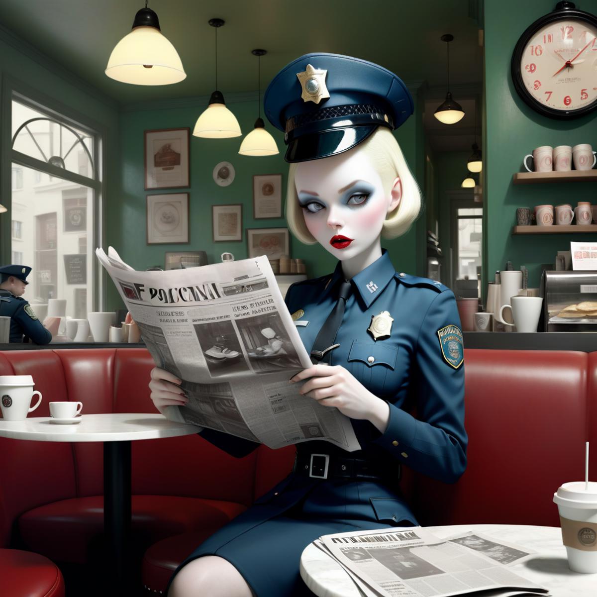 A 3D animated character of a policewoman reading a newspaper.