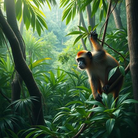 A photorealistic image of a jungle with a monkey similar to the one from Bali