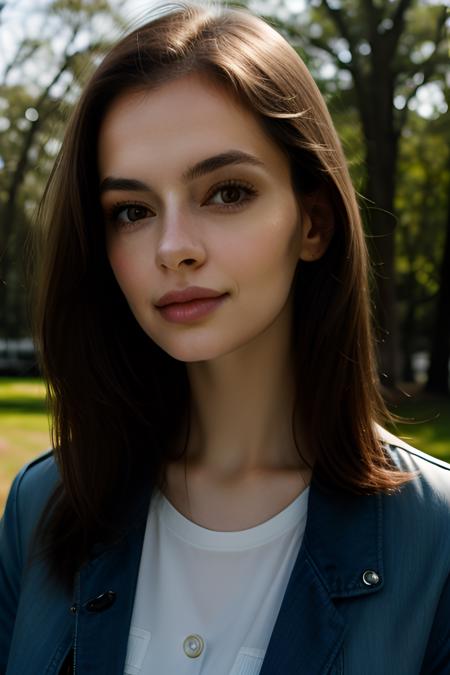 Photo of lidiasav, pale girl, candid, no makeup, natural beauty, closeup face shot, staring into lens, wearing jacket, teasing, seductive, smirk, bright sunlight, long straight hair, outdoors background