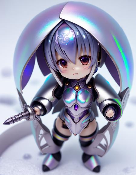 kkw-Nendroid woman, iridescent armor, glazing weapons, snow