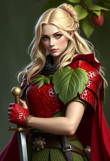 A fair maiden ready to protect the fruit realm. Her pale skin and blonde hair contrast with the bright red of her strawberry plate armor. The enchanted maroon berry's skin and achene protect the heroine against blows, cuts and fire. She wears a green weaved tunic under the armor. She clinches her leaf armor firmly  holding a sword in her other hand.