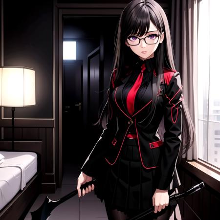 (masterpiece:1.2, best quality), <lora:ROEVIL-000009:0.785> ROEvil, black hair, holding scythe, glasses, black and red school uniform, purple eyes, 1girl, hotel room interior