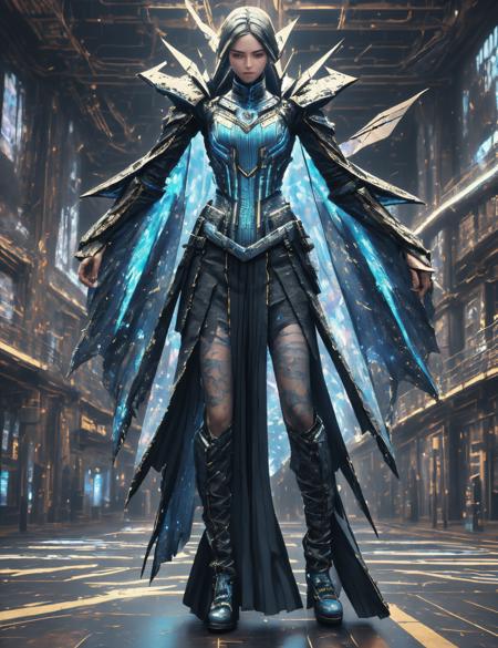 ((best quality)), ((masterpiece)), ((realistic,digital art)), (hyper detailed),DonMPl4sm4T3chXL full body clothing,  Virtuality Fiber, Cyber Matrix Pattern,  Batwing Sleeves, Tea Length, High Waist, Pleated Skirt,  Train,,Cross-Back,,Ripped or Distressed Look,chest pockets,,Sheer Panels, Zipper Closure,  , 8K, HDR <lora:Pl4sm4t3ch-000006:0.85>