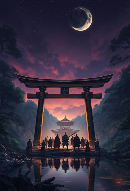 in the heart of a vast, ancient forest, a magnificent wooden torii gate stands tall. it serves as the entrance to a hidden temple nestled among the trees and rocks. the sky above is dark, but not with the quiet serenity of night. instead, it's a canvas painted in hues of purple, orange, and blue by the fiery dance of a battle raging beyond the gate. a group of skilled warriors has gathered at the entrance, their faces etched with determination. they have come from far and wide, drawn to this sacred place by whispers of an ancient artifact that holds immense power. the warriors, clad in armor and wielding weapons forged by their ancestors, stand ready for whatever challenges await them inside the temple. the air is thick with tension as they prepare to face the dangers within. a crescent moon peeks through the trees, casting eerie shadows around them. the tranquil pond reflecting the stars above now mirrors the impending clash of swords and the flickering lights of the battle. the warriors steel themselves, their eyes fixed on the gate before them. with one last look at each other, they nod in silent agreement, knowing that only together can they hope to overcome the obstacles and claim the artifact. and so, they march forward, their courage and determination shining brighter than the stars above, ready to write their names in the annals of legend.